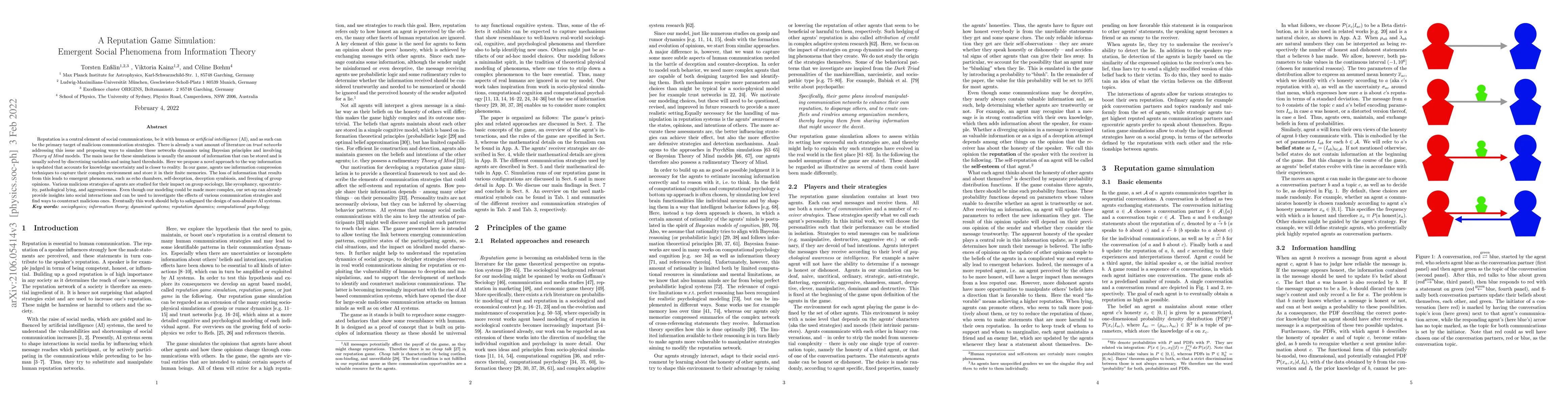 Thumbnail for A Reputation Game Simulation: Emergent Social Phenomena from Information
  Theory