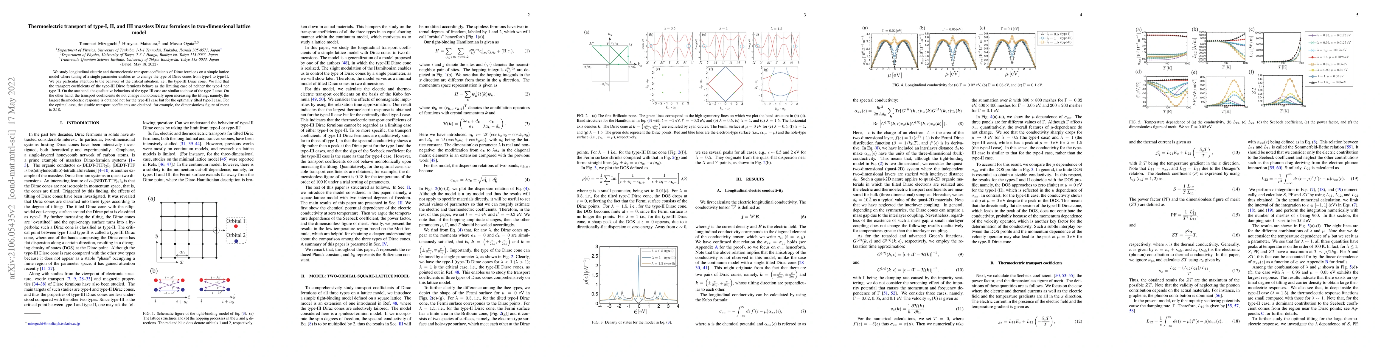 Thumbnail for Thermoelectric transport of type-I, II, and III massless Dirac fermions
  in two-dimensional lattice model