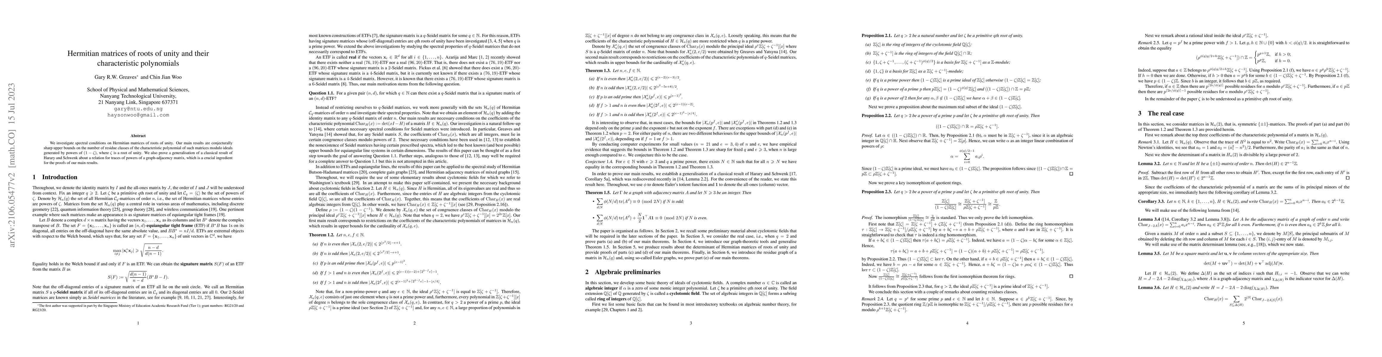 Thumbnail for Hermitian matrices of roots of unity and their characteristic
  polynomials