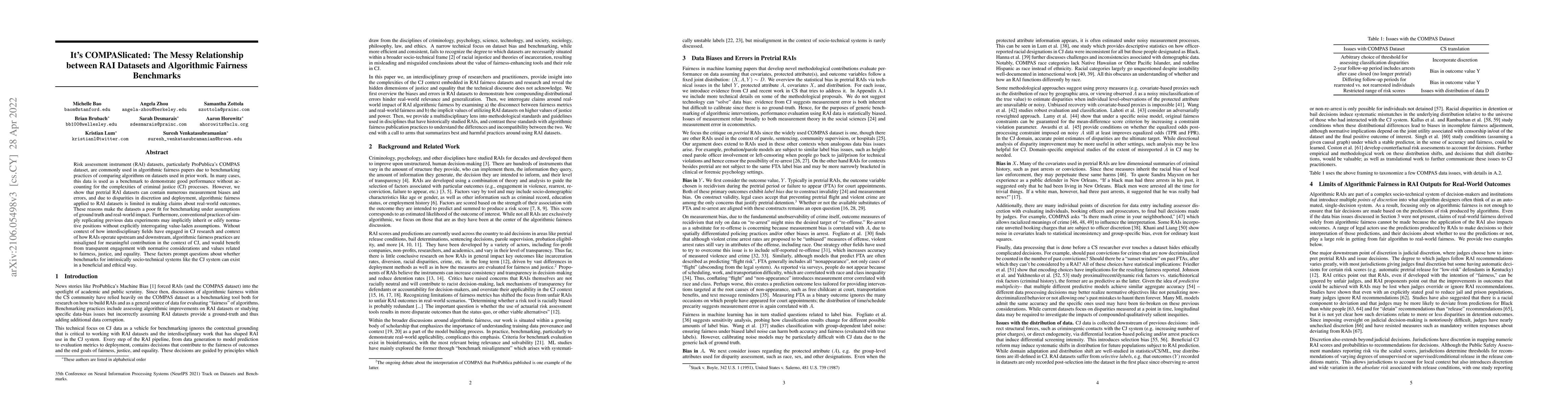 Thumbnail for It's COMPASlicated: The Messy Relationship between RAI Datasets and
  Algorithmic Fairness Benchmarks