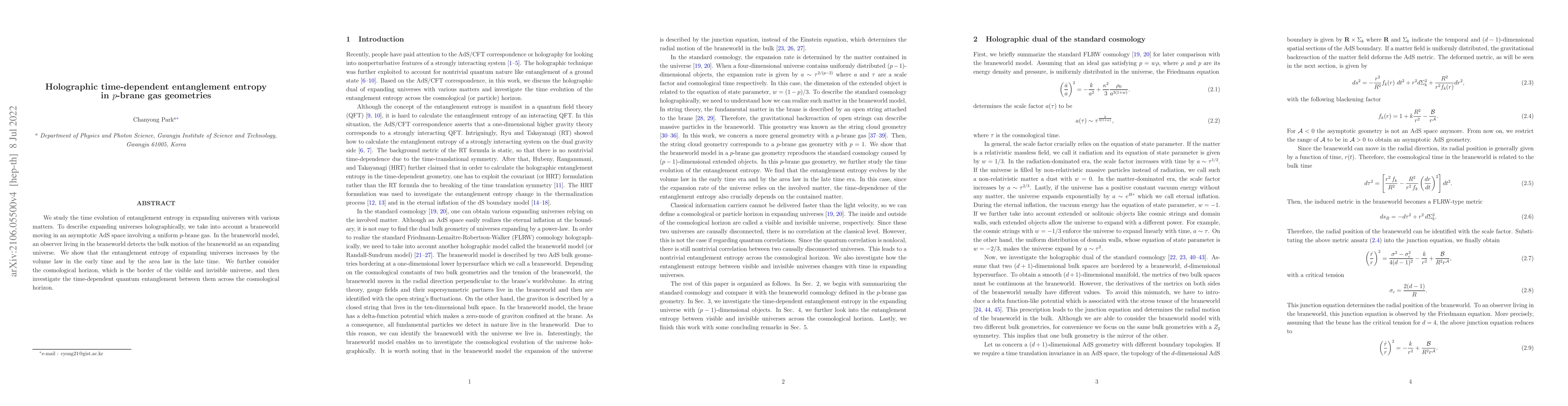 Thumbnail for Holographic time-dependent entanglement entropy in $p$-brane gas
  geometries