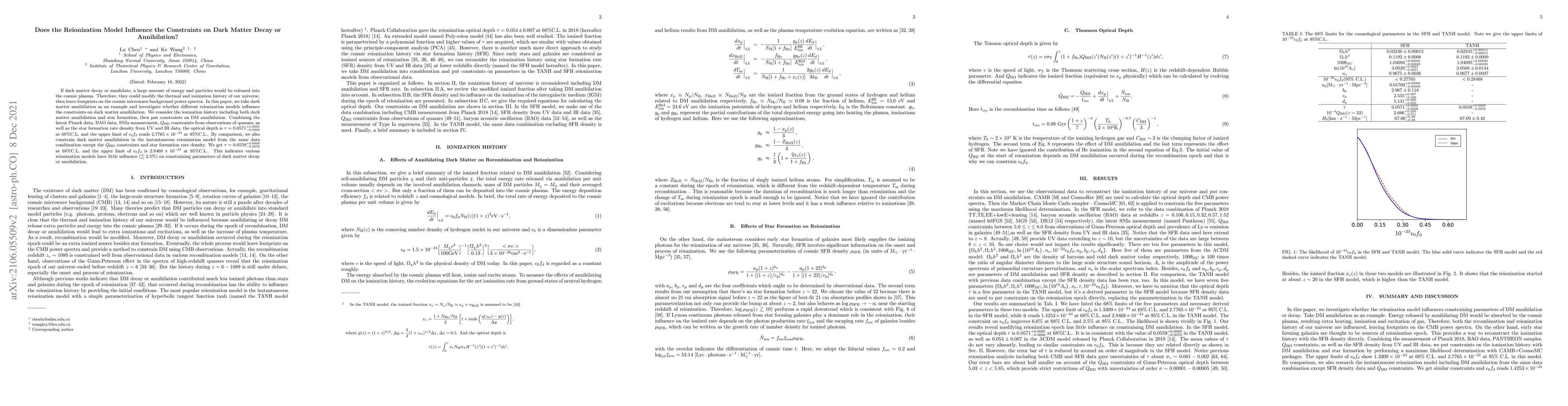 Thumbnail for Does the Reionization Model Influence the Constraints on Dark Matter
  Decay or Annihilation?