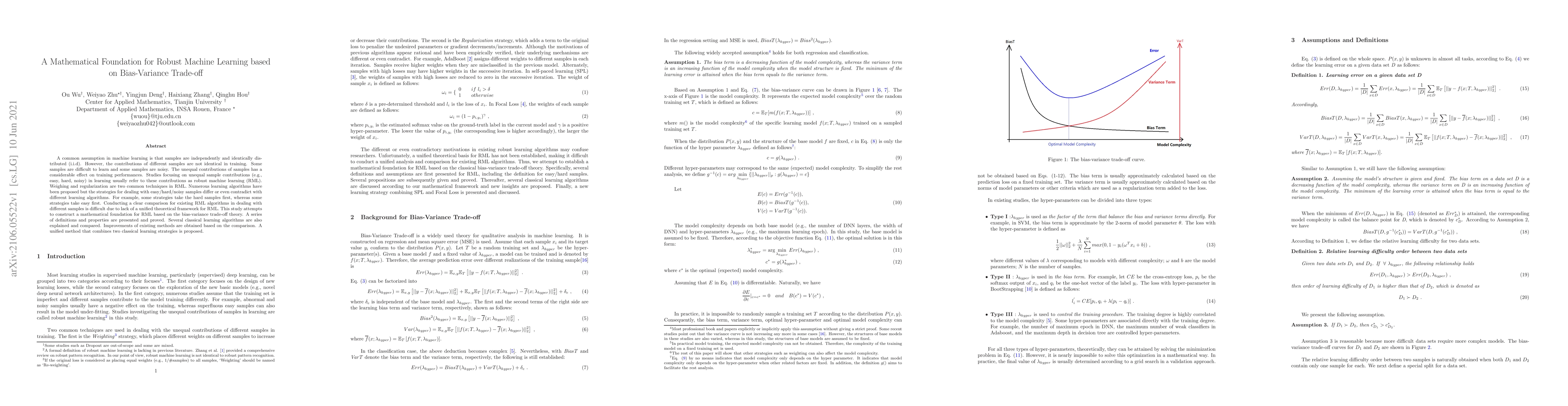 Thumbnail for A Mathematical Foundation for Robust Machine Learning based on
  Bias-Variance Trade-off