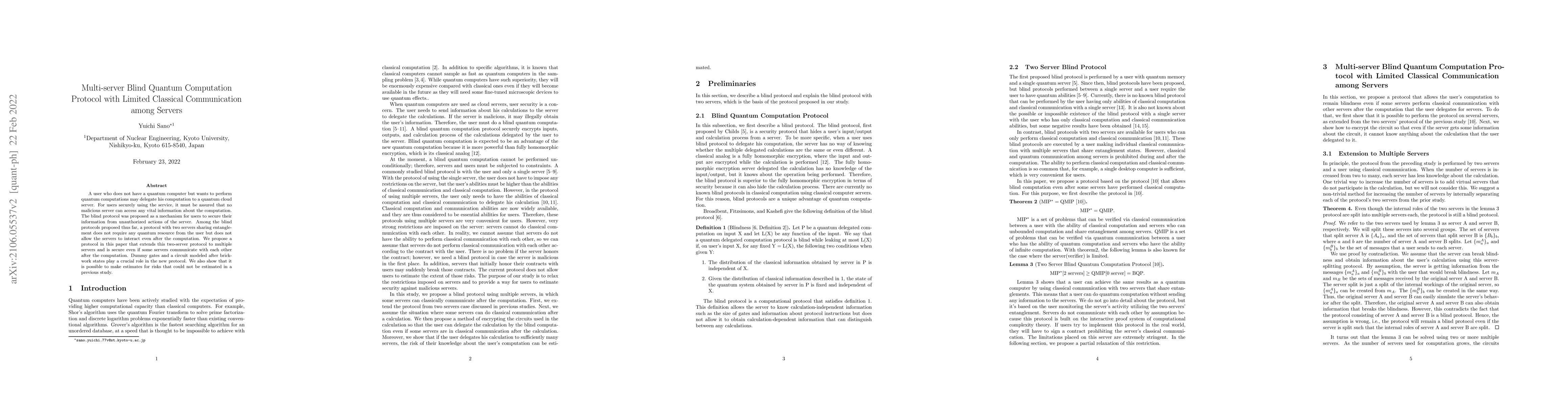 Thumbnail for Multi-server Blind Quantum Computation Protocol With Limited Classical
  Communication Among Servers