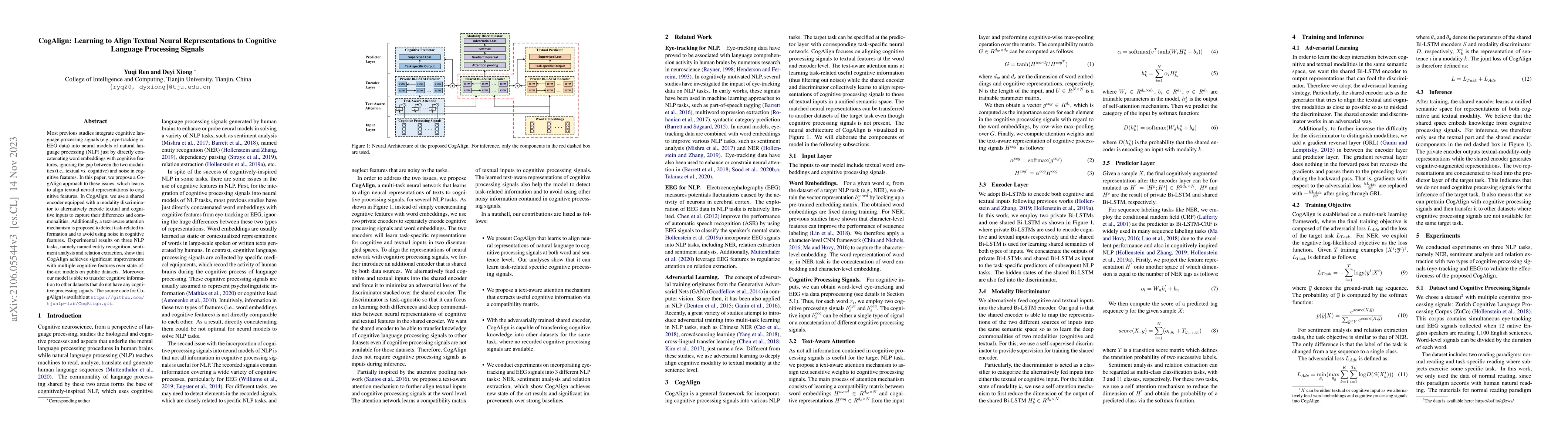 Thumbnail for CogAlign: Learning to Align Textual Neural Representations to Cognitive
  Language Processing Signals