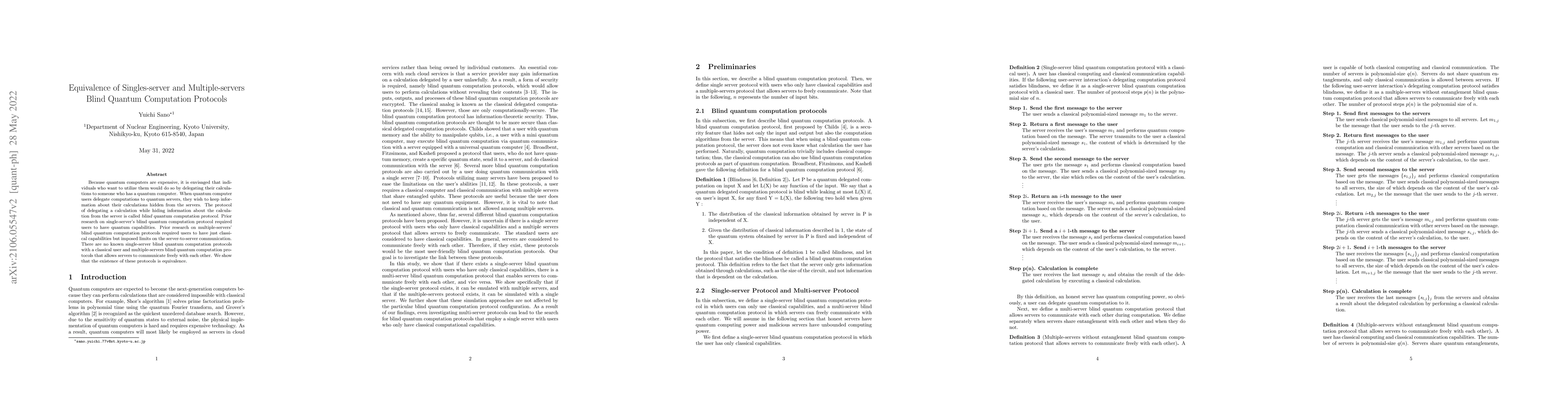 Thumbnail for Equivalence of Single-server and Multiple-servers Blind Quantum
  Computation Protocols