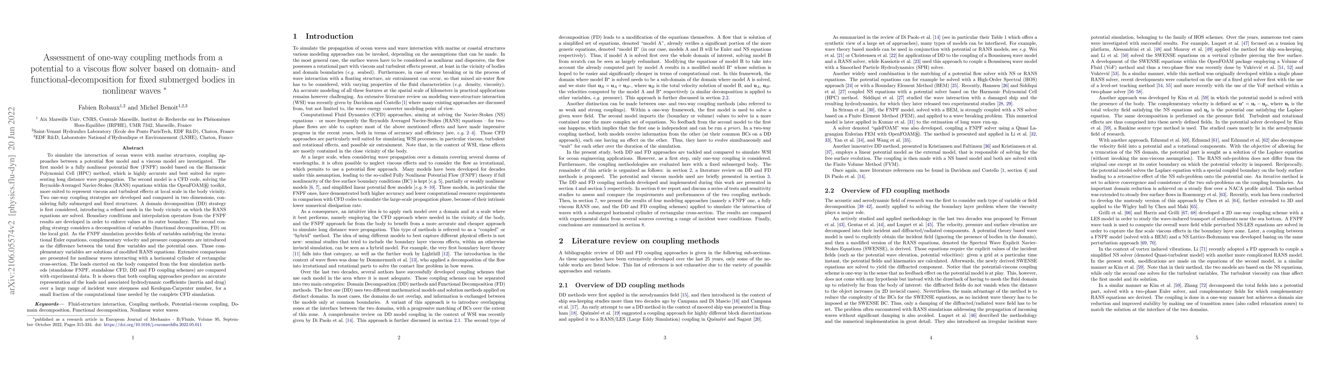 Thumbnail for Assessment of one-way coupling methods from a potential to a viscous
  flow solver based on domain- and functional-decomposition for fixed submerged
  bodies in nonlinear waves