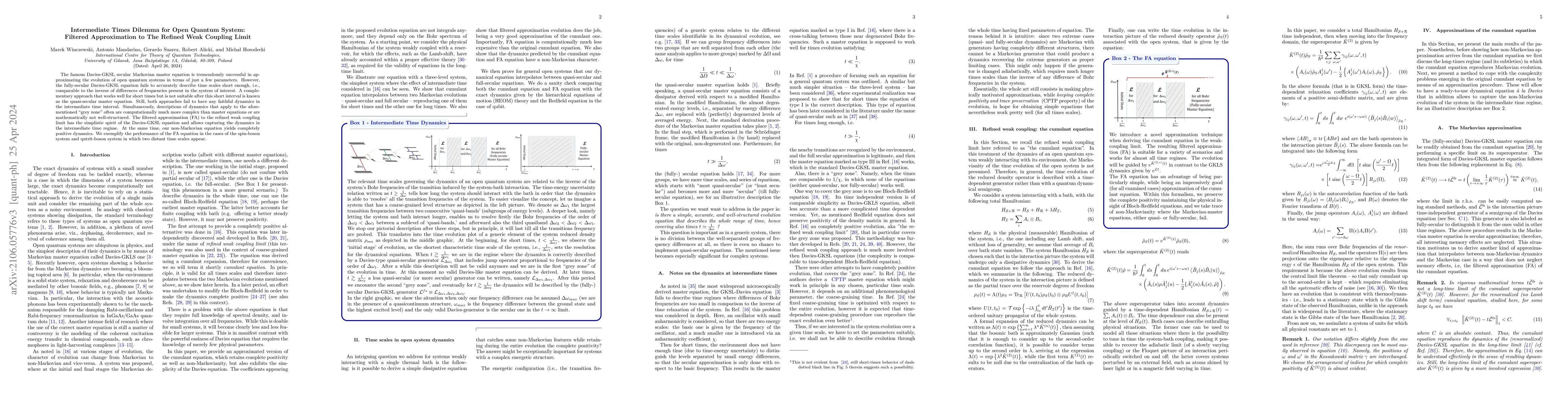 Thumbnail for Intermediate Times Dilemma for Open Quantum System: Filtered
  Approximation to The Refined Weak Coupling Limit
