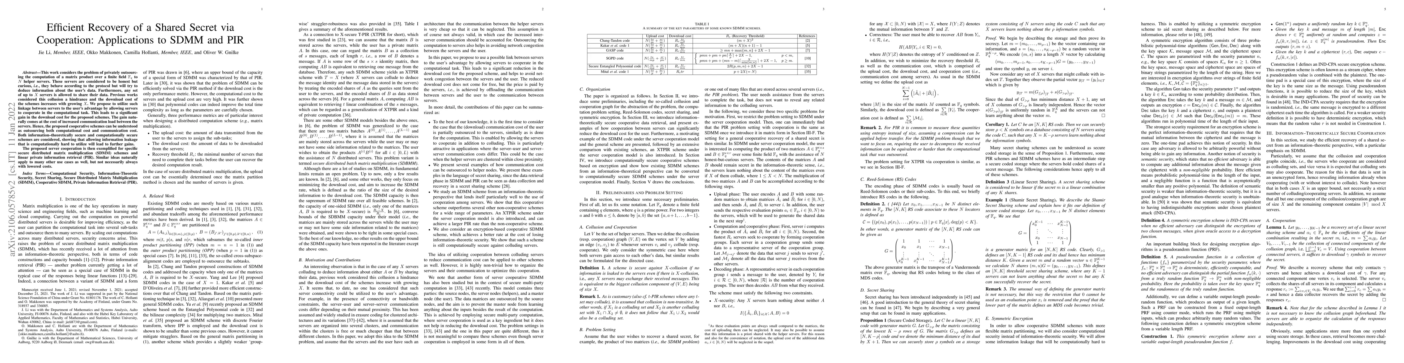Thumbnail for Efficient Recovery of a Shared Secret via Cooperation: Applications to
  SDMM and PIR