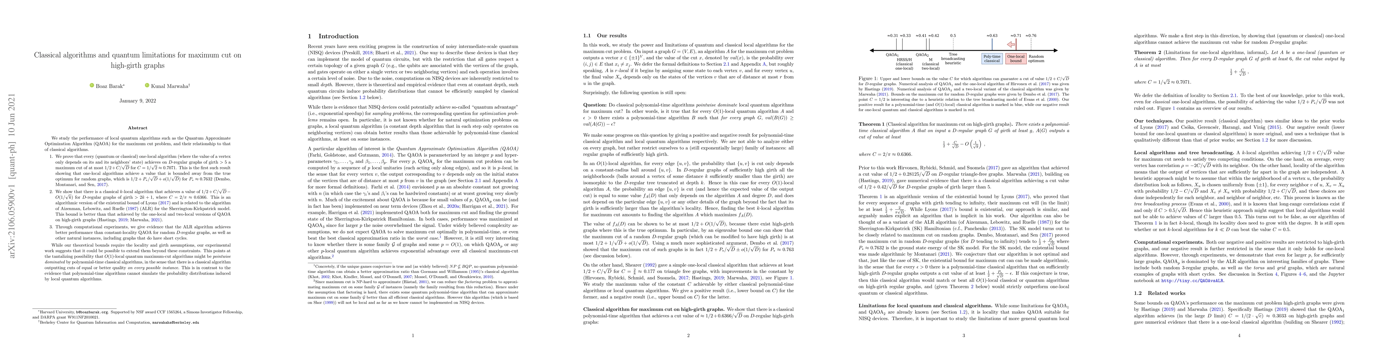 Thumbnail for Classical algorithms and quantum limitations for maximum cut on
  high-girth graphs