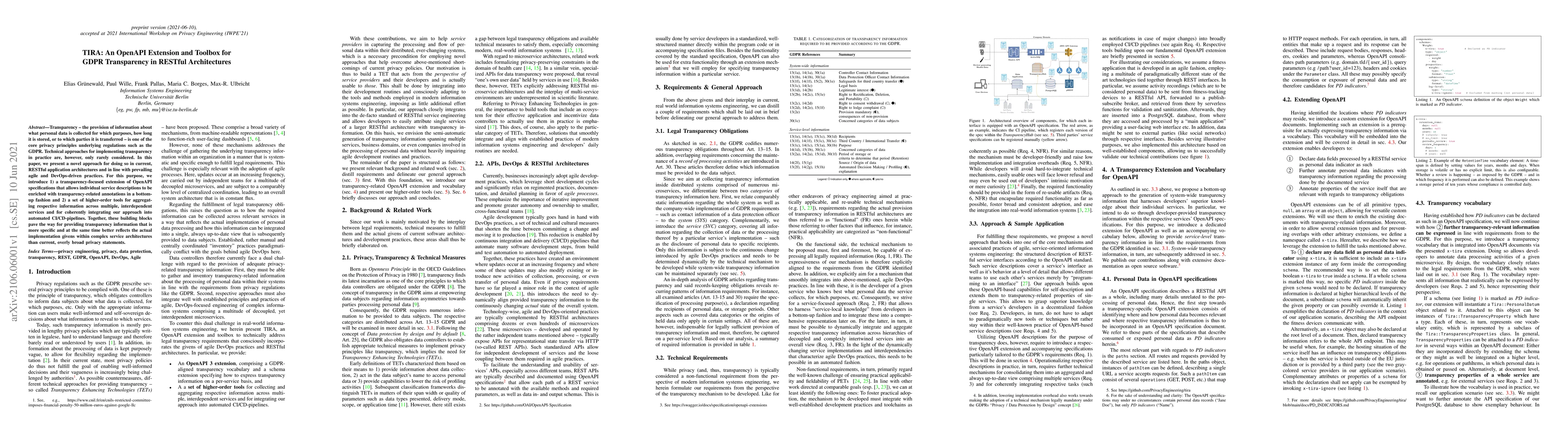 Thumbnail for TIRA: An OpenAPI Extension and Toolbox for GDPR Transparency in RESTful
  Architectures