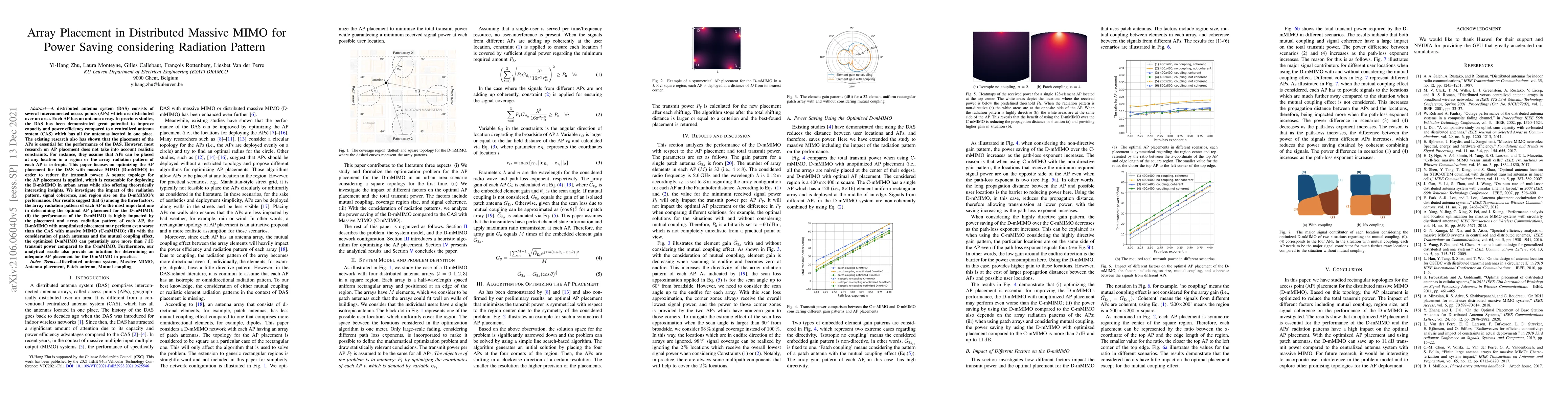 Thumbnail for Array Placement in Distributed Massive MIMO for power saving considering
  Radiation Pattern