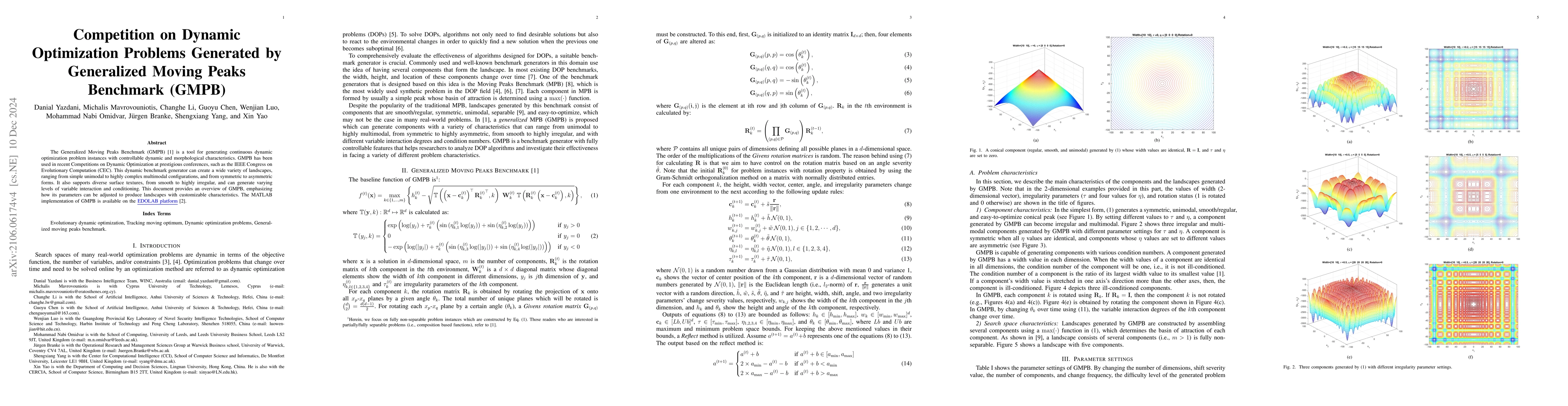 Thumbnail for Competition on Dynamic Optimization Problems Generated by Generalized
  Moving Peaks Benchmark (GMPB)