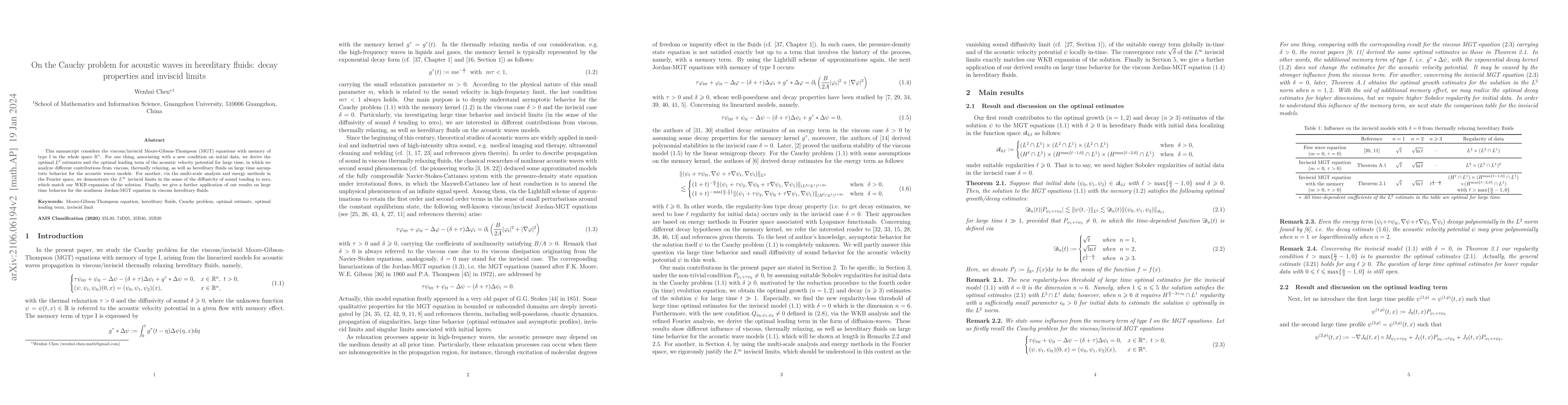 Thumbnail for On the Cauchy problem for acoustic waves in hereditary fluids: decay
  properties and inviscid limits