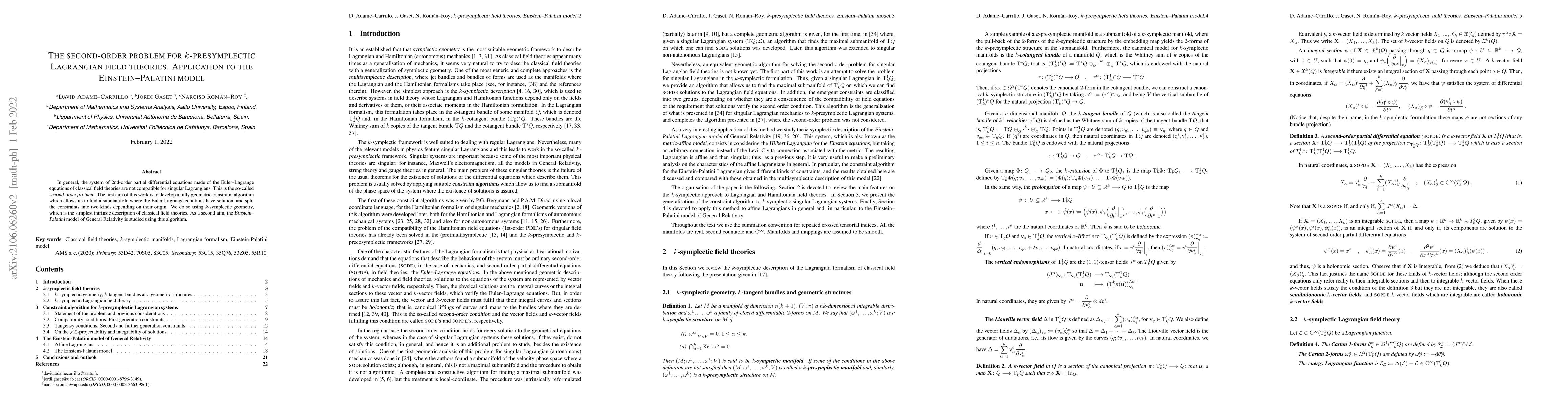Thumbnail for The second-order problem for $k$-presymplectic Lagrangian field
  theories. Application to the Einstein--Palatini model