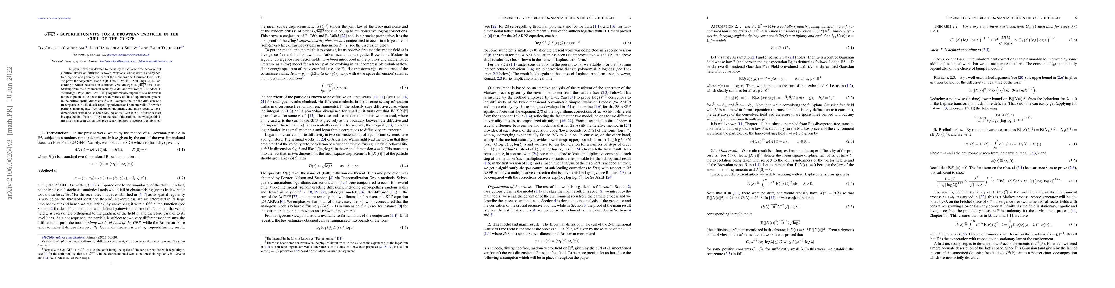 Thumbnail for $\sqrt{\log t}$-superdiffusivity for a Brownian particle in the curl of
  the 2d GFF