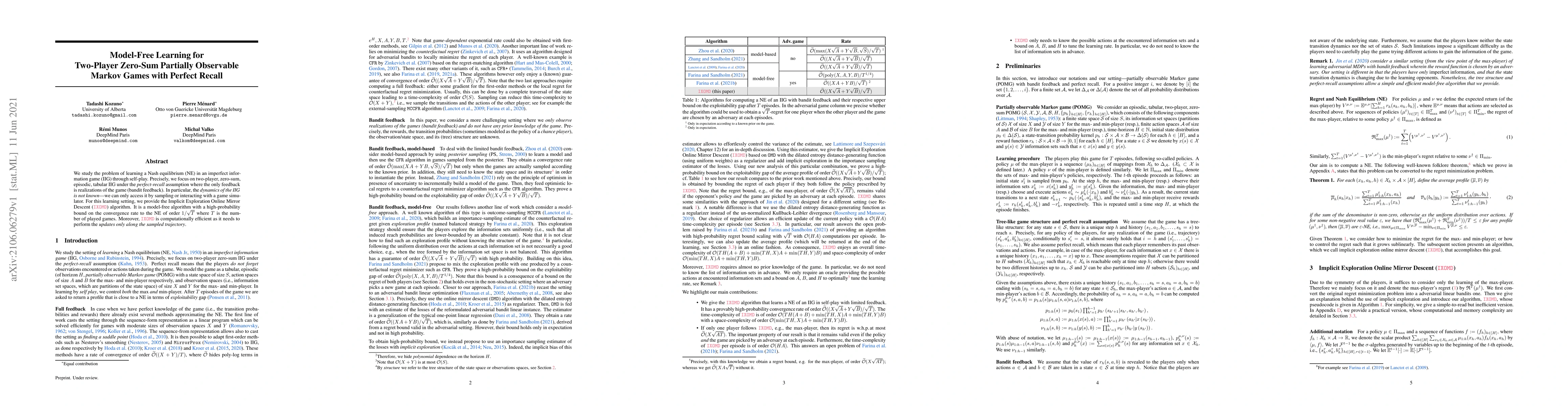 Thumbnail for Model-Free Learning for Two-Player Zero-Sum Partially Observable Markov
  Games with Perfect Recall