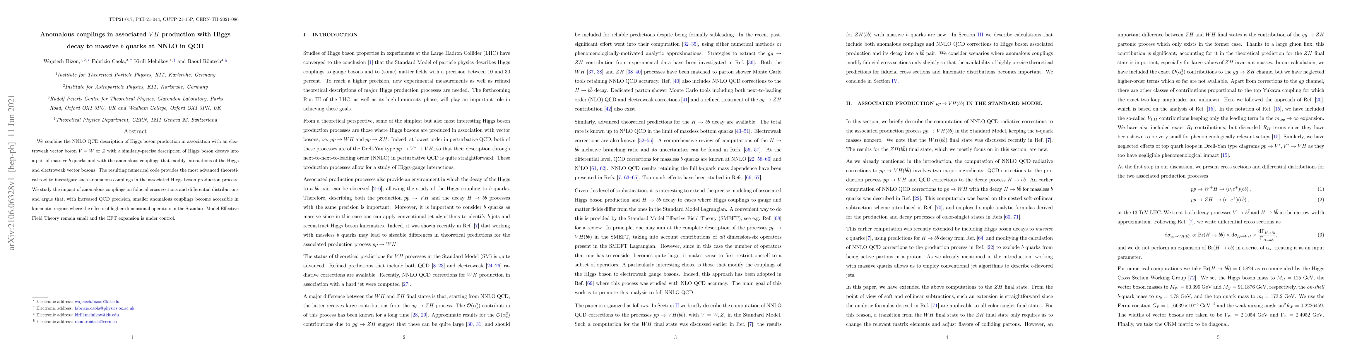 Thumbnail for Anomalous couplings in associated $VH$ production with Higgs decay to
  massive $b$ quarks at NNLO in QCD
