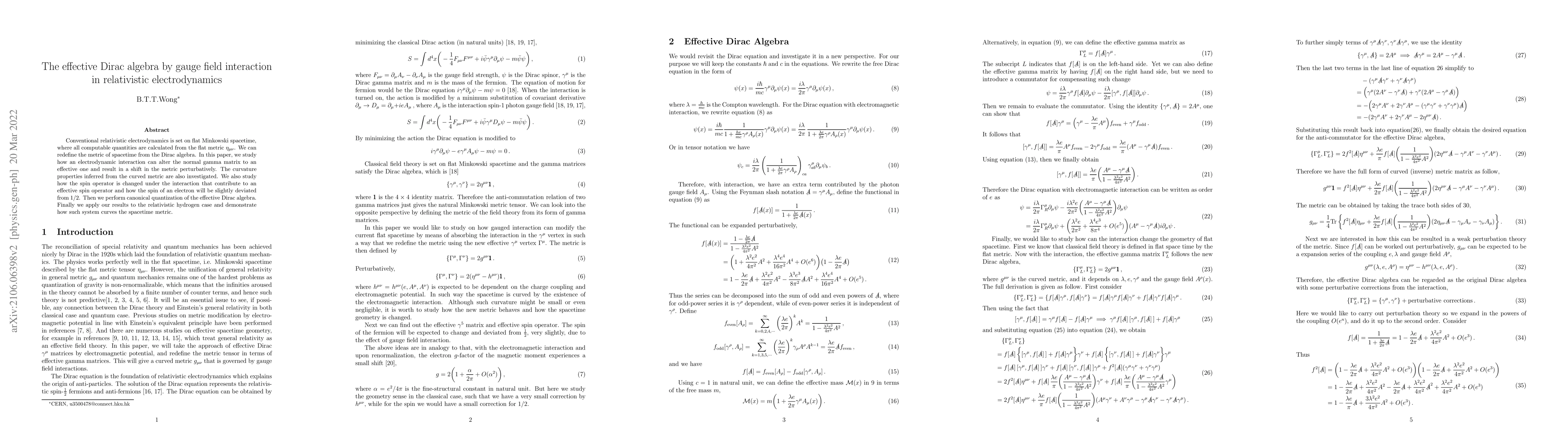 Thumbnail for The effective Dirac algebra by gauge field interaction in relativistic
  electrodynamics