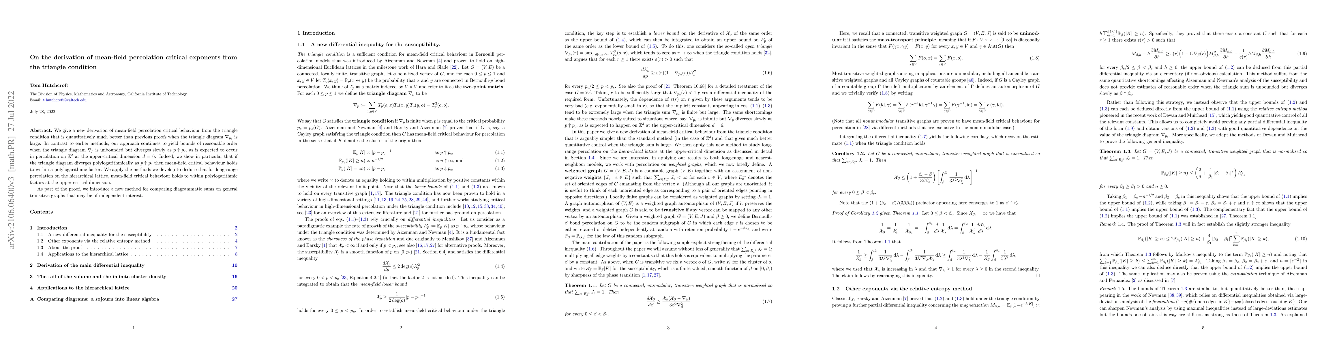 Thumbnail for On the derivation of mean-field percolation critical exponents from the
  triangle condition