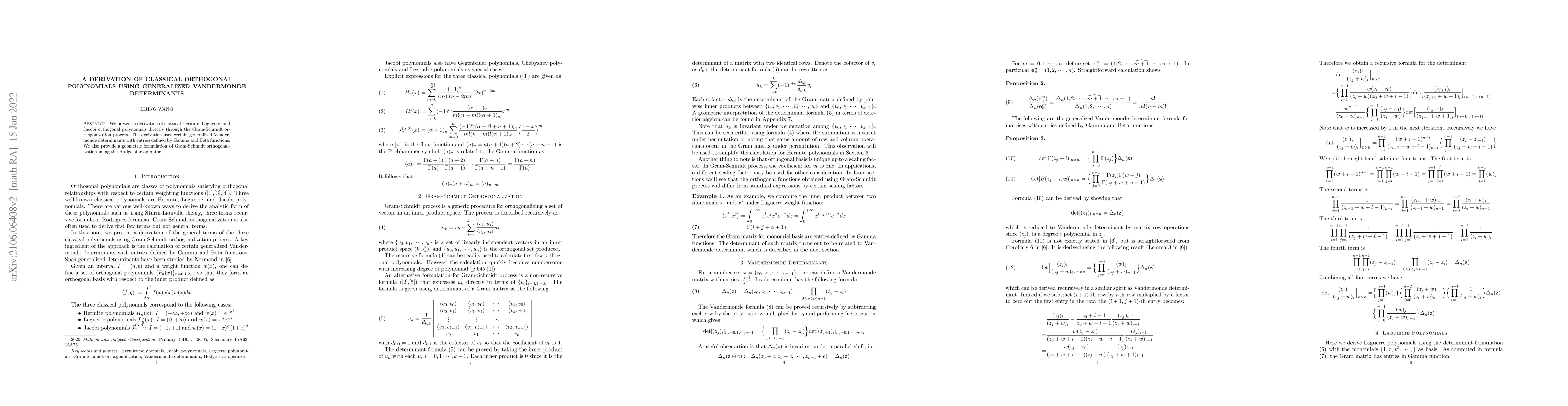 Thumbnail for A Derivation of Classical Orthogonal Polynomials using Generalized
  Vandermonde Determinants