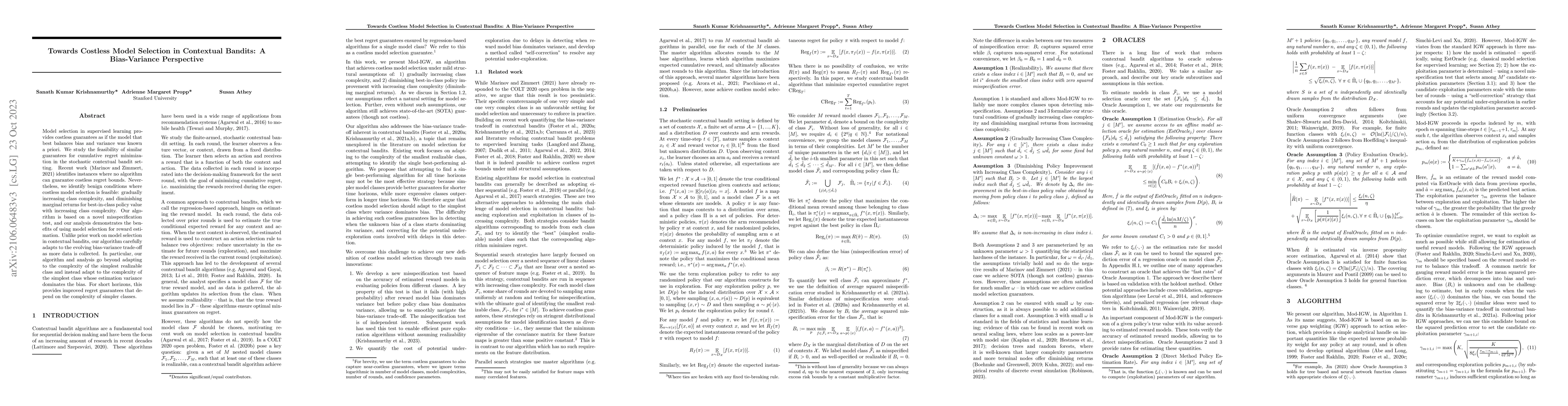 Thumbnail for Towards Costless Model Selection in Contextual Bandits: A Bias-Variance
  Perspective