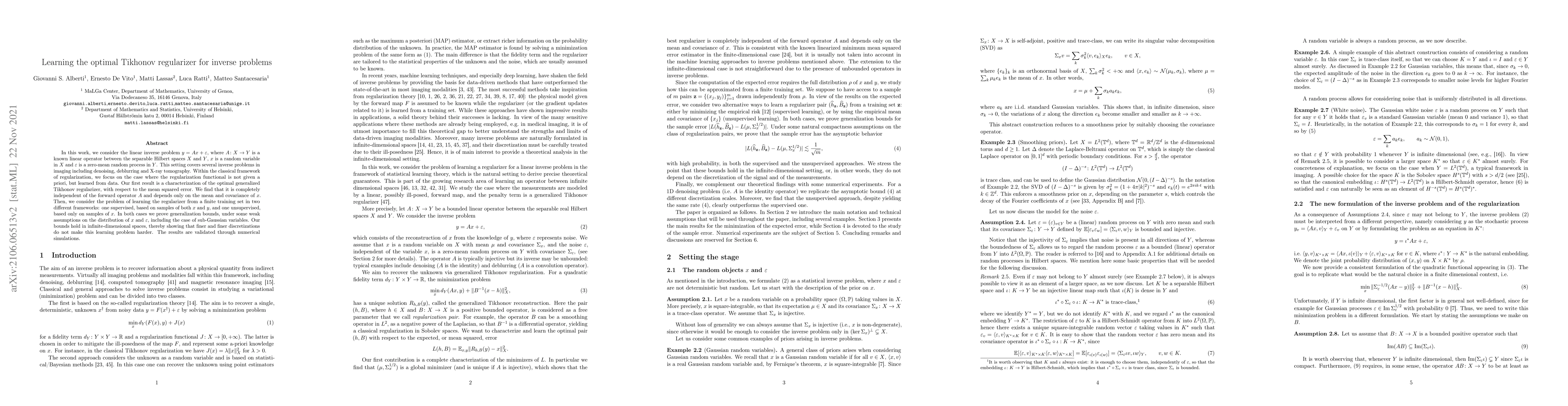 Thumbnail for Learning the optimal Tikhonov regularizer for inverse problems