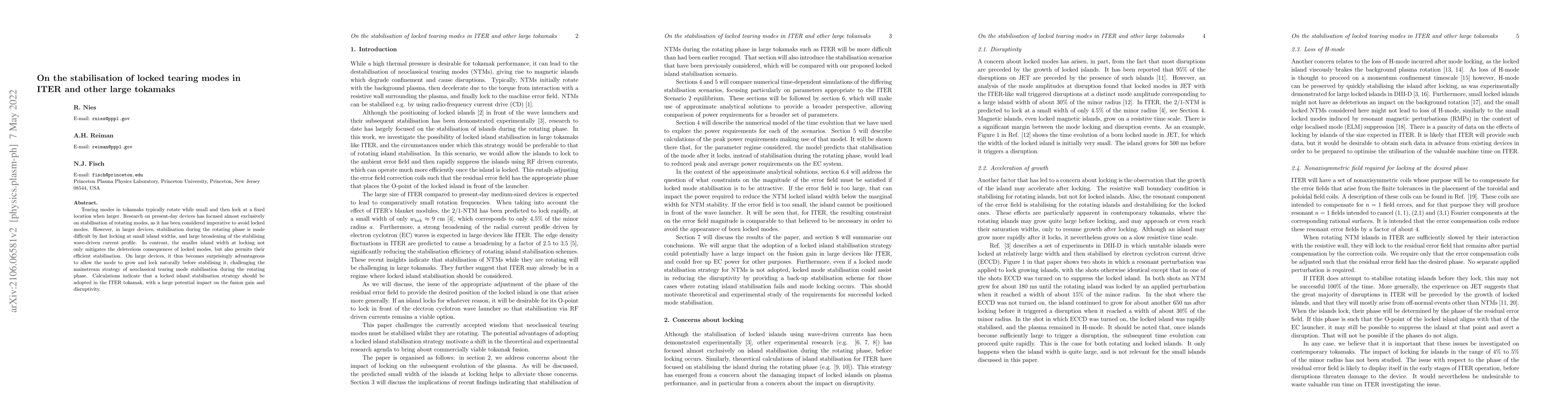 Thumbnail for On the stabilisation of locked tearing modes in ITER and other large
  tokamaks