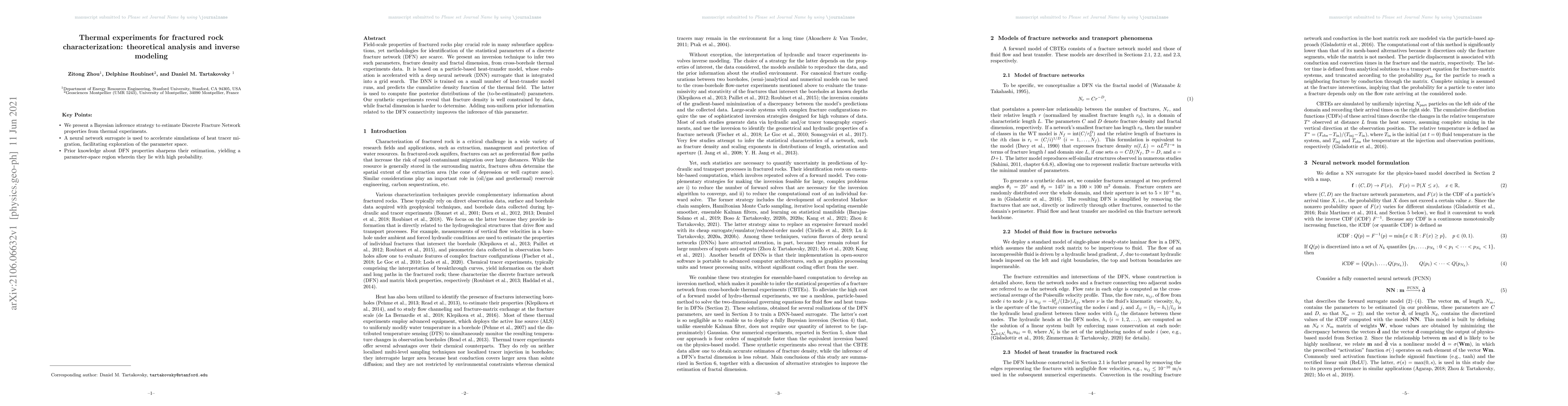 Thumbnail for Thermal experiments for fractured rock characterization: theoretical
  analysis and inverse modeling