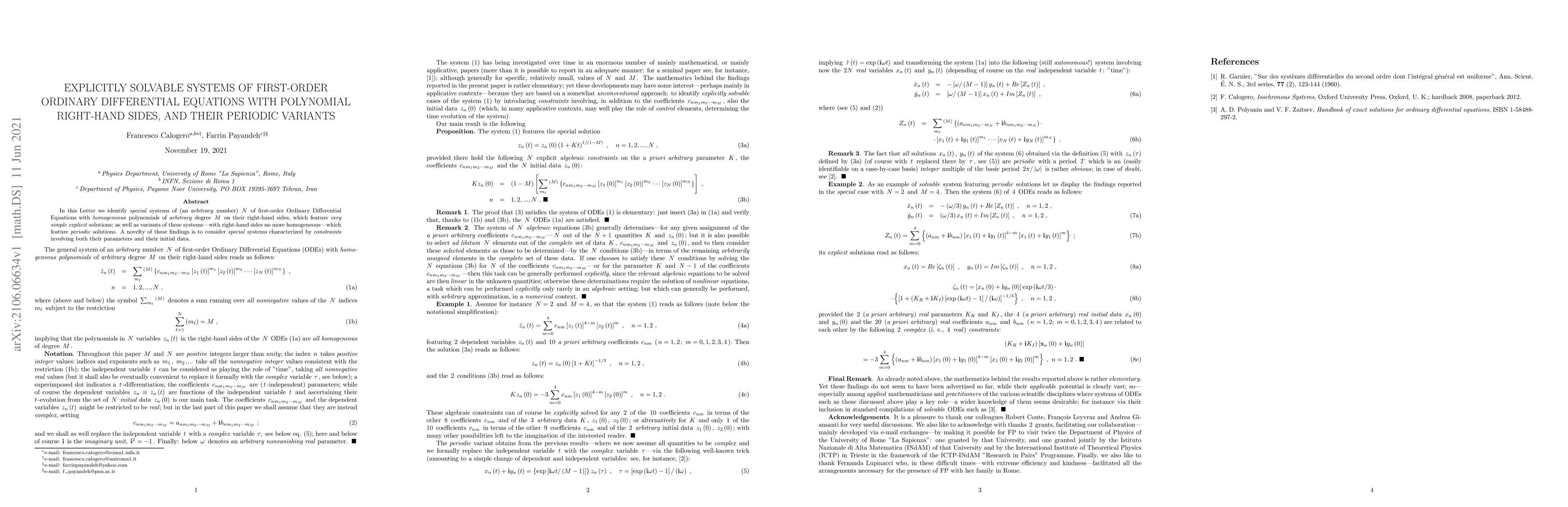 Thumbnail for Explicitly Solvable Systems of First-order Ordinary Differential
  Equations with Polynomial Right-hand Sides, and Their Periodic Variants
