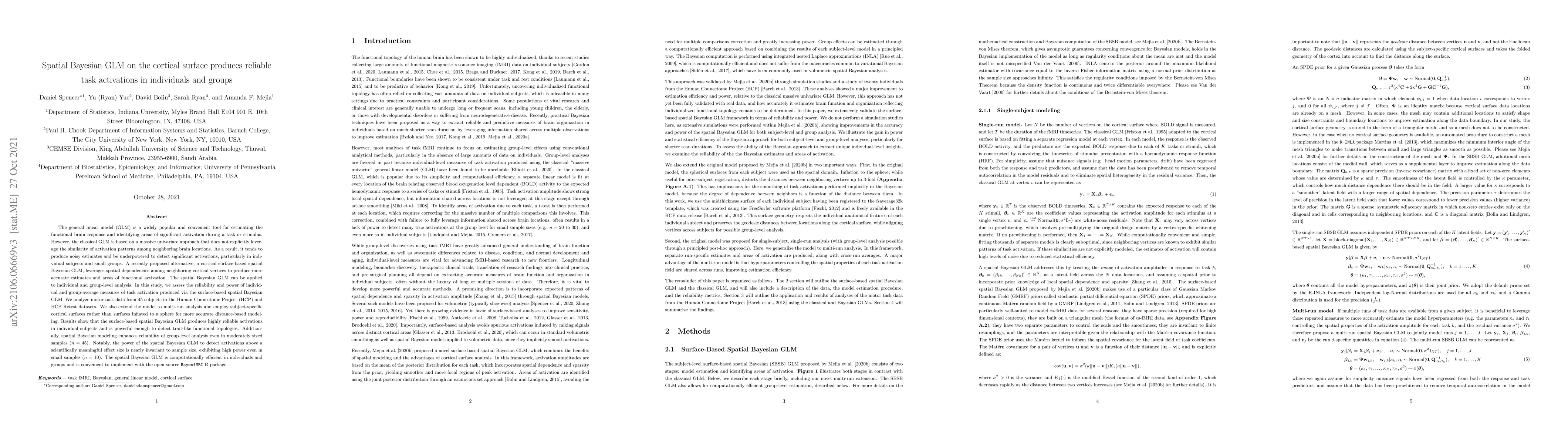 Thumbnail for Spatial Bayesian GLM on the cortical surface produces reliable task
  activations in individuals and groups
