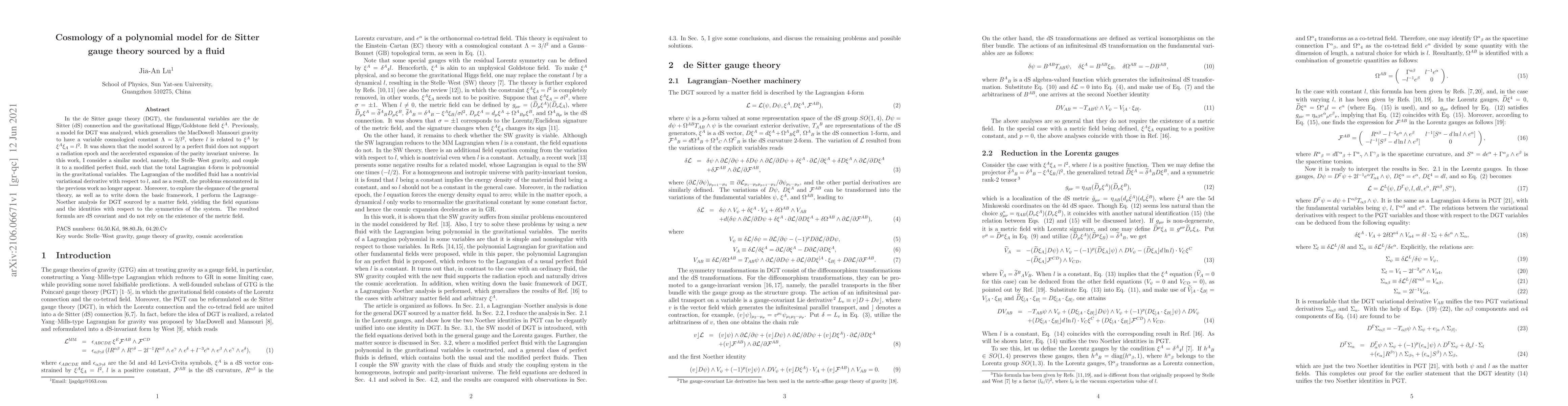 Thumbnail for Cosmology of a polynomial model for de Sitter gauge theory sourced by a
  fluid