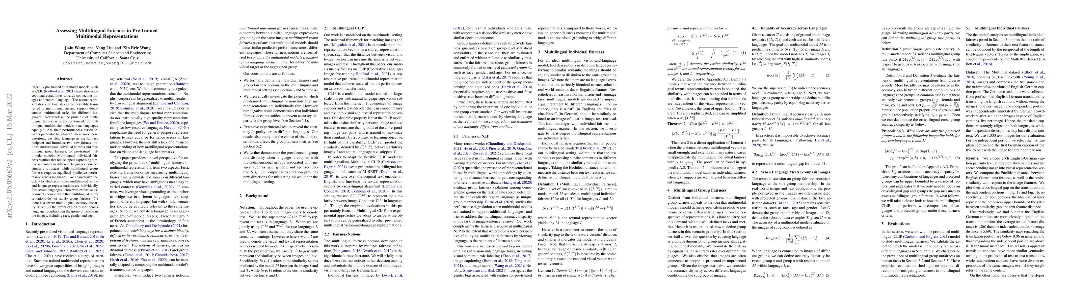 Thumbnail for Assessing Multilingual Fairness in Pre-trained Multimodal
  Representations