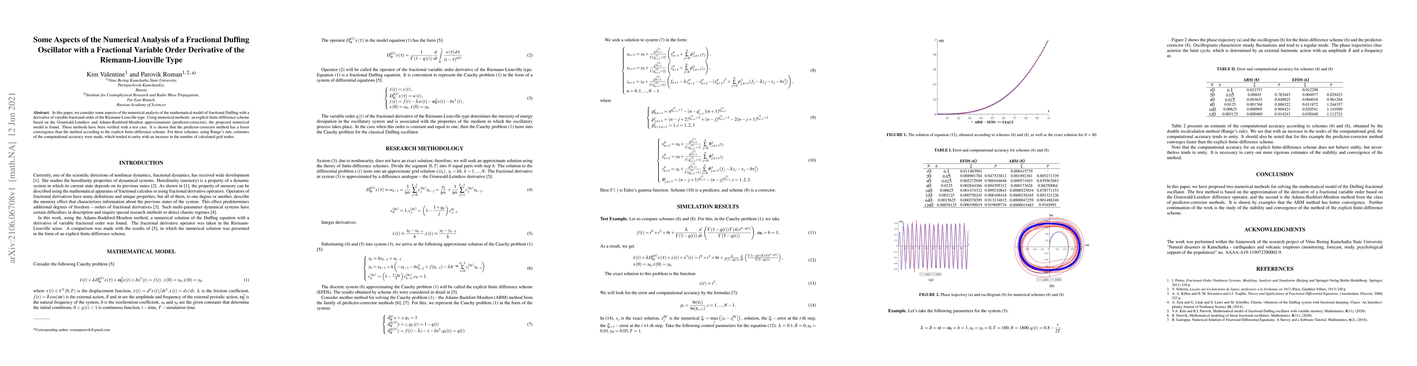 Thumbnail for Some Aspects of the Numerical Analysis of a Fractional Duffing
  Oscillator with a Fractional Variable Order Derivative of the
  Riemann-Liouville Type