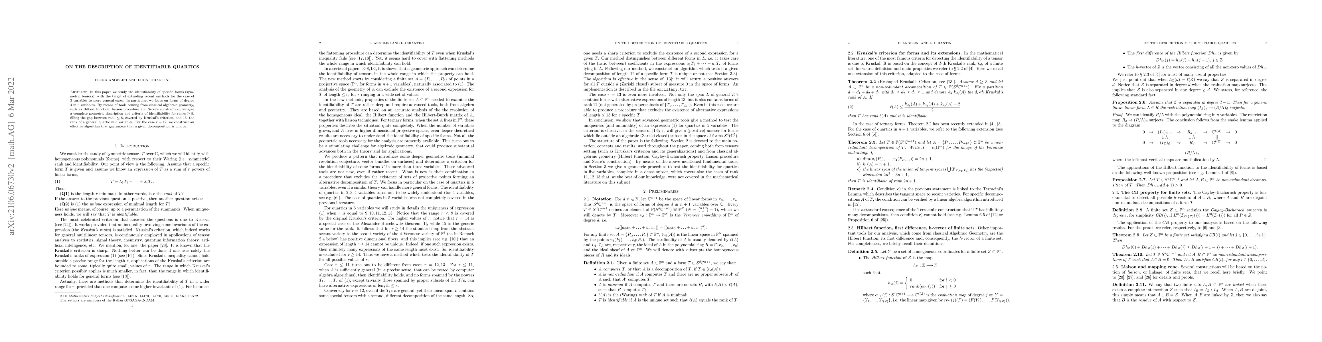 Thumbnail for On the description of identifiable quartics