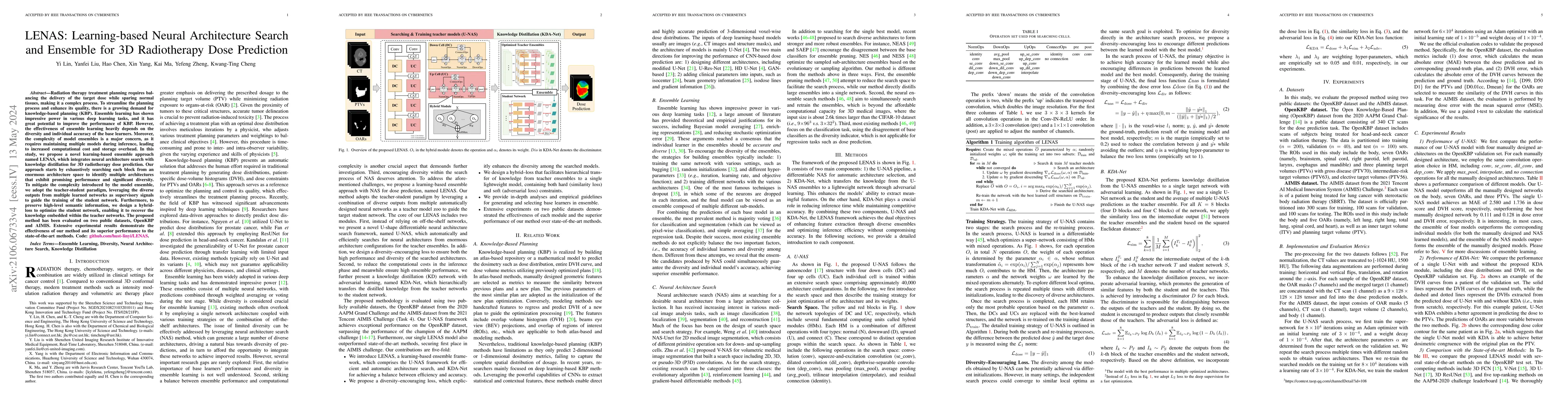 Thumbnail for LENAS: Learning-based Neural Architecture Search and Ensemble for 3D
  Radiotherapy Dose Prediction