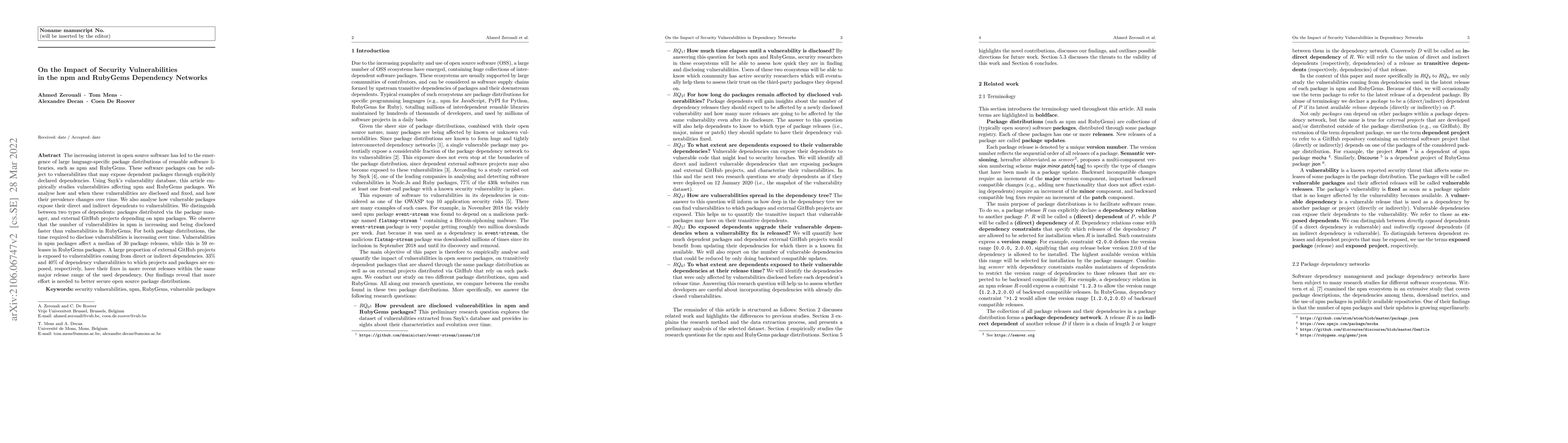 Thumbnail for On the Impact of Security Vulnerabilities in the npm and RubyGems
  Dependency Networks