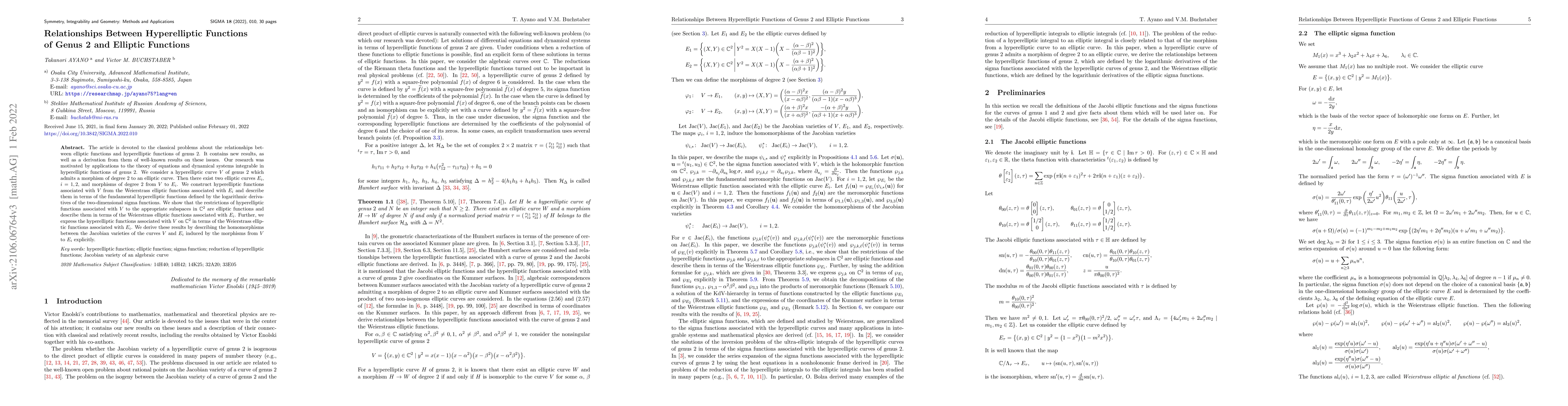 Thumbnail for Relationships Between Hyperelliptic Functions of Genus 2 and Elliptic
  Functions