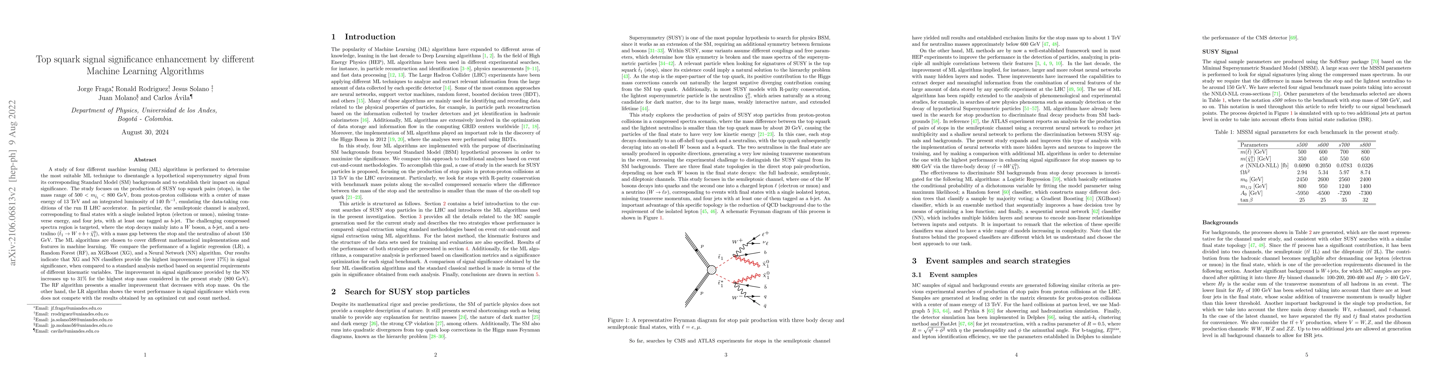 Thumbnail for Top squark signal significance enhancement by different Machine Learning
  Algorithms