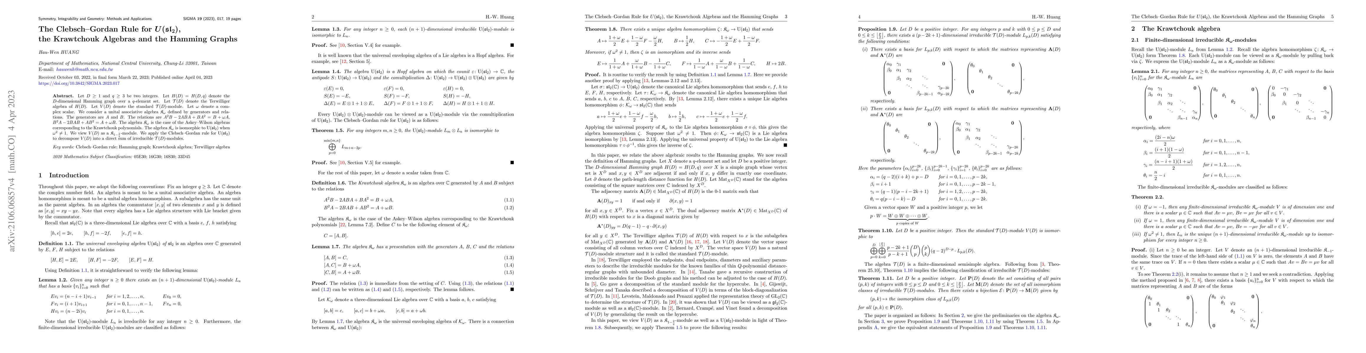 Thumbnail for The Clebsch-Gordan Rule for $U(\mathfrak{sl}_2)$, the Krawtchouk
  Algebras and the Hamming Graphs