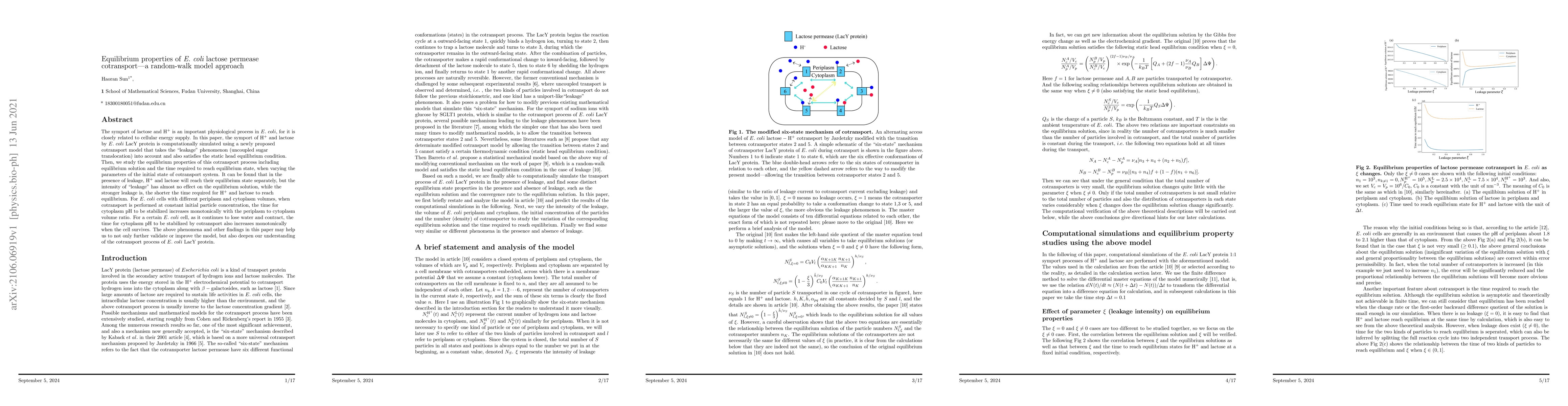 Thumbnail for Equilibrium Properties of E. coli Lactose Permease Symport -- A
  Random-walk Model Approach