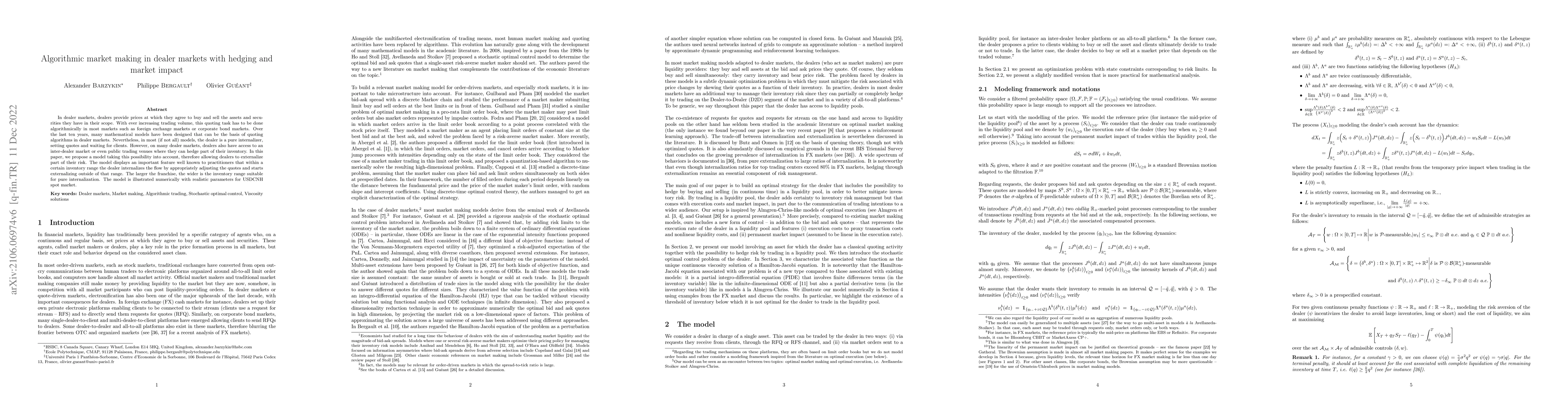 Thumbnail for Algorithmic market making in dealer markets with hedging and market
  impact