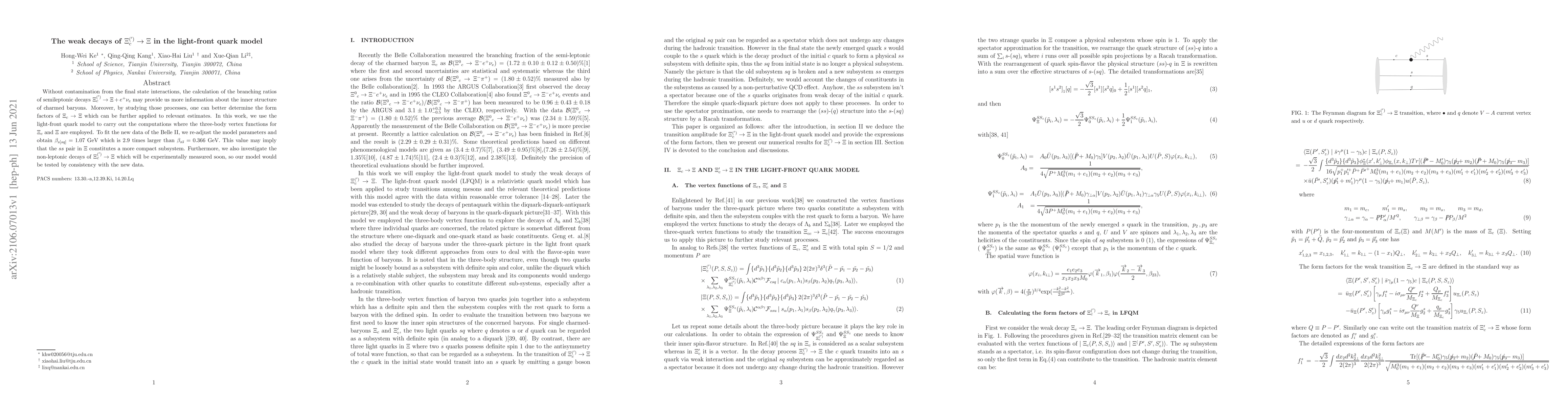 Thumbnail for The weak decays of $\Xi^{(')}_{c}\to\Xi$ in the light-front quark model