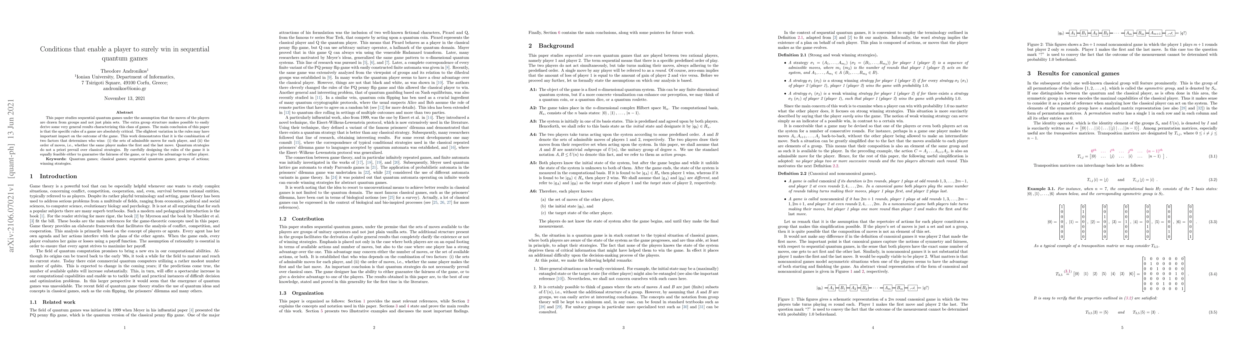 Thumbnail for Conditions that enable a player to surely win in sequential quantum
  games