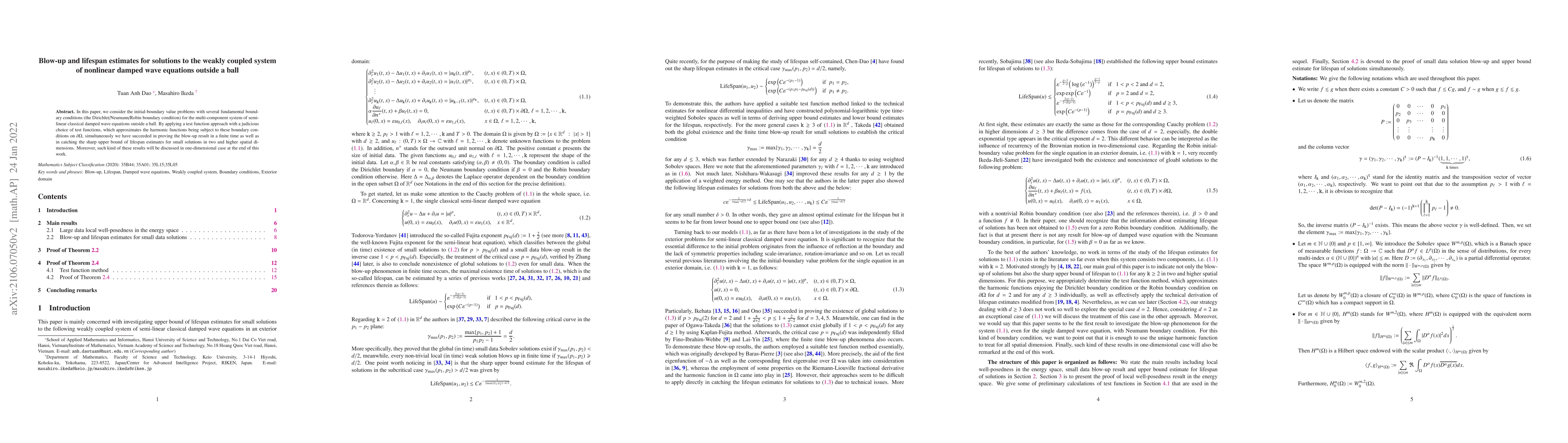 Thumbnail for Blow-up and lifespan estimates for solutions to the weakly coupled
  system of nonlinear damped wave equations outside a ball