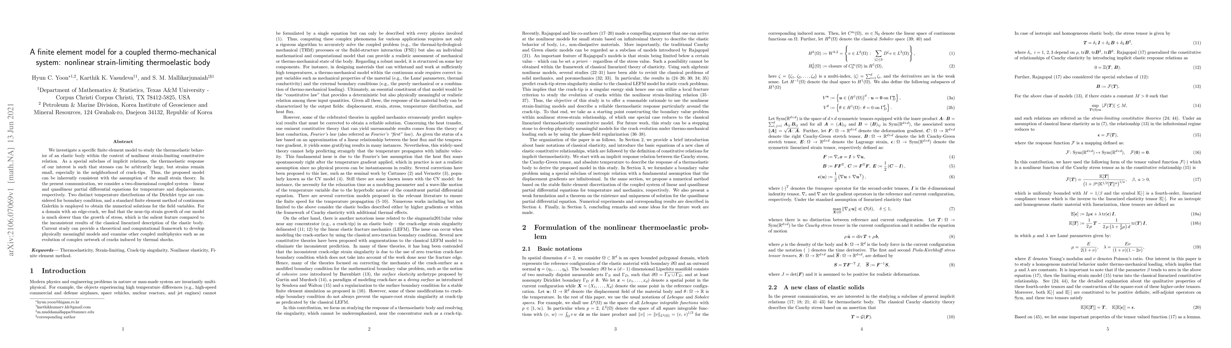 Thumbnail for A finite element model for a coupled thermo-mechanical system: nonlinear
  strain-limiting thermoelastic body