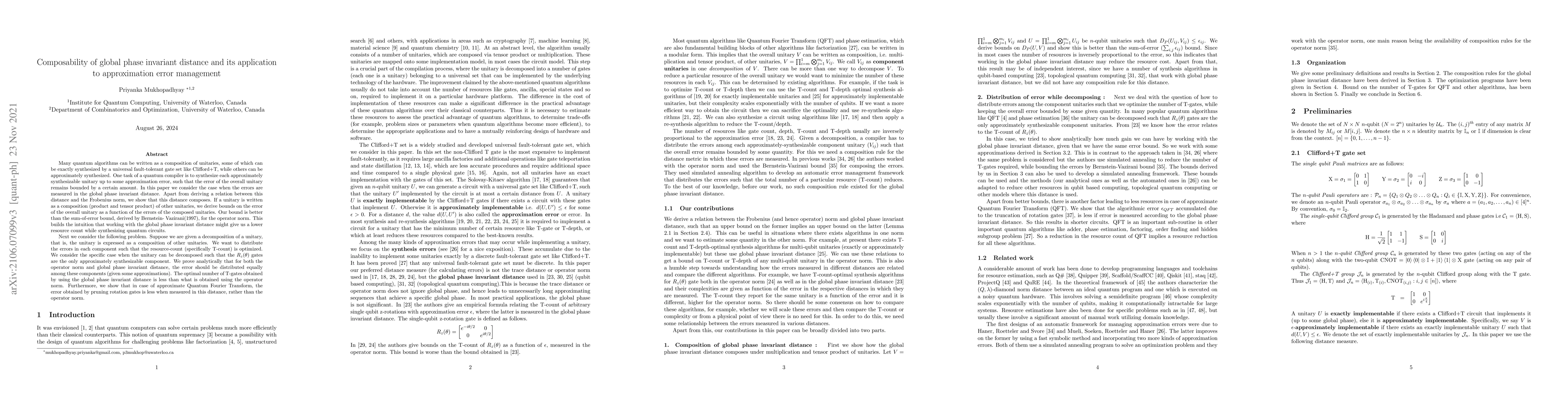 Thumbnail for Composability of global phase invariant distance and its application to
  approximation error management