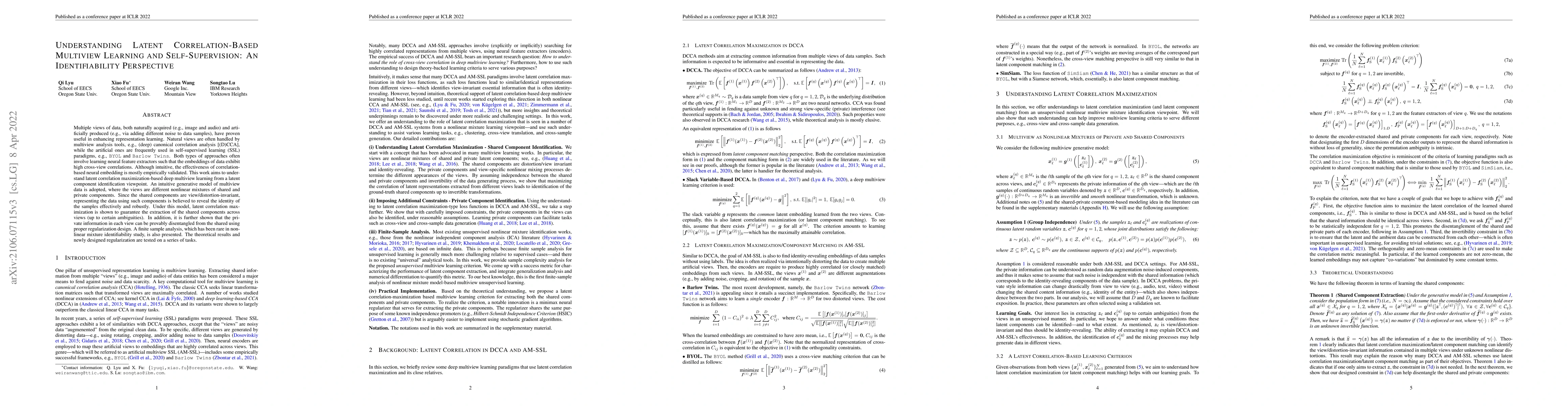 Thumbnail for Understanding Latent Correlation-Based Multiview Learning and
  Self-Supervision: An Identifiability Perspective