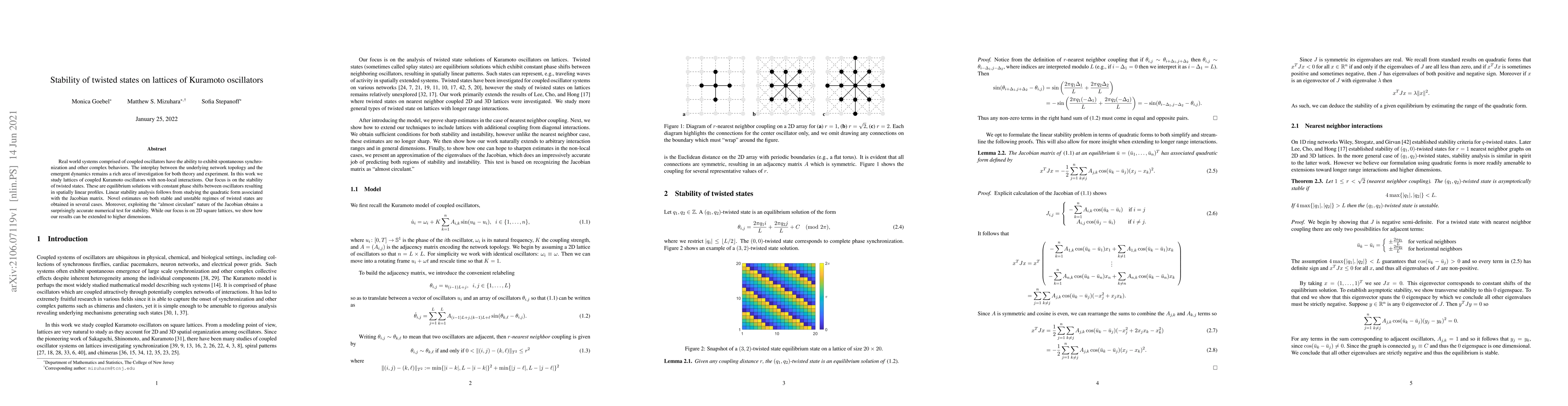 Thumbnail for Stability of twisted states on lattices of Kuramoto oscillators