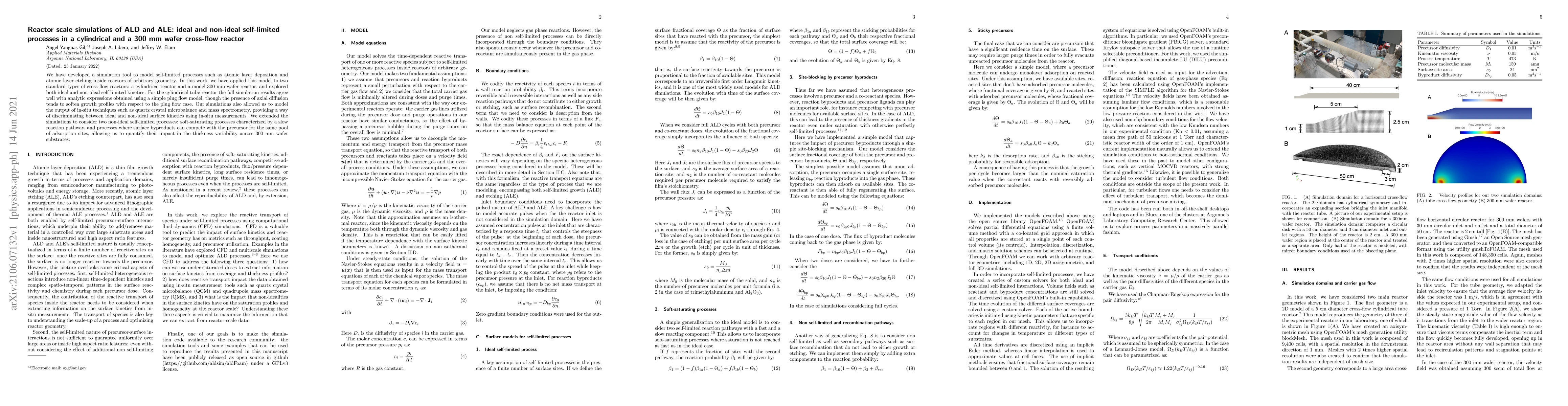 Thumbnail for Reactor scale simulations of ALD and ALE: ideal and non-ideal
  self-limited processes in a cylindrical and a 300 mm wafer cross-flow reactor